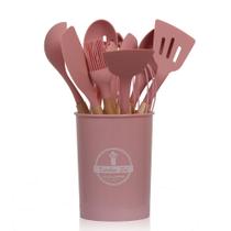 Kit 12 Utensílios Cozinha Silicone Cabo Madeira Cor Rosa