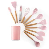 Kit 12 Utensílios Cozinha Silicone Cabo Madeira Espátulas Jogo Rosa