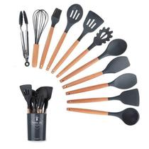 Kit 12 Utensílios Cozinha Silicone Cabo Madeira - Preto Kit 12 Utensílios Cozinha Silicone Cabo Madeira - Preto