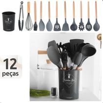 Kit 12 Utensílios Cozinha Silicone Cabo Madeira Pronto para Enviar