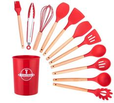 Kit 12 Utensílios Cozinha Silicone Cabo Madeira - Vermelho Kit 12 Utensílios Cozinha Silicone Cabo Madeira - Vermelho