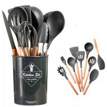 Kit 12 Utensílios Cozinha Silicone Profissional Cabo Madeira Kit 12 Utensílios Cozinha Silicone Profissional Cabo Madeira