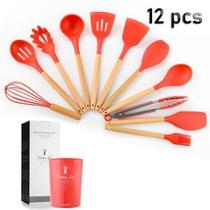 Kit 12 Utensílios de Cozinha em Madeira e Silicone - VERMELHO Kit 12 Utensílios de Cozinha em Madeira e Silicone - VERMELHO