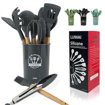 Kit 12 utensílios de cozinha em silicone cinza com cabo de madeira resistente, utensílios antiaderentes para cozinhar, mexer e servir alimentos - LUMAI
