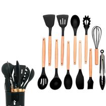 Kit 12 Utensílios de Cozinha em Silicone com Cabo de Madeira Preto Elegante