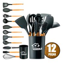 Kit 12 Utensílios De Cozinha Em Silicone Com Cabo De Madeira Kit 12 Utensílios De Cozinha Em Silicone Com Cabo De Madeira