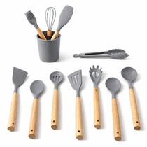Kit 12 Utensílios De Cozinha Em Silicone E Cabo De Madeira Cinza