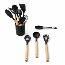 Kit 12 Utensílios De Cozinha Em Silicone E Cabo De Madeira Cinza