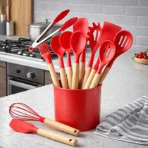 Kit 12 Utensílios De Cozinha Em Silicone E Cabo De Madeira Cinza
