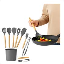 Kit 12 Utensílios De Cozinha Em Silicone E Cabo De Madeira