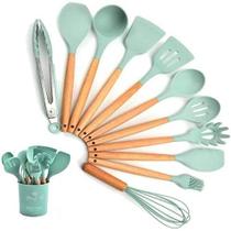 Kit 12 Utensílios De Cozinha Em Silicone E Cabo De Madeira