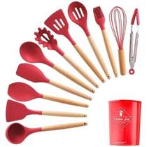 Kit 12 Utensílios De Cozinha Em Silicone E Cabo De Madeira