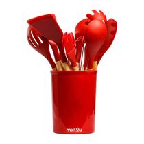 Kit 12 Utensílios De Cozinha Em Silicone E Cabo De Madeira