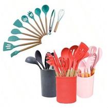 Kit 12 Utensílios De Cozinha Em Silicone E Cabo De Madeira Premium Gourmet Decoração Kit 12 Utensílios De Cozinha Em Silicone E Cabo De Madeira Premium Gourmet Decoração