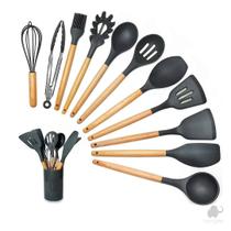 Kit 12 Utensílios De Cozinha Em Silicone E Cabo De Madeira Preto - Booglee