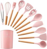 Kit 12 utensílios de cozinha em silicone e cabo de madeira rosa