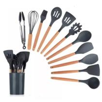 Kit 12 Utensílios De Cozinha Em Silicone E Cabo De Madeira