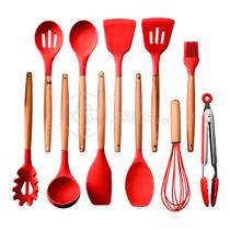 Kit 12 Utensílios de Cozinha Peças de Silicone e Cabo de Madeira Madeira Resistentes - Vermelho