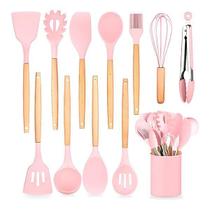 Kit 12 Utensílios De Cozinha Peças De Silicone Madeira Rosa