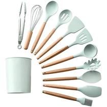 Kit 12 Utensílios De Cozinha Peças De Silicone Madeira Verde