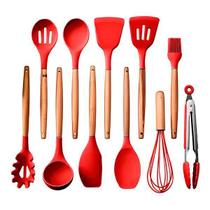 Kit 12 Utensílios De Cozinha Peças Silicone Madeira Vermelho