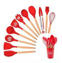 Kit 12 Utensílios de Cozinha Silicone Cabo de Madeira