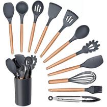 Kit 12 Utensílios de Cozinha Silicone Cabo de Madeira Concha