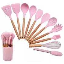 Kit 12 Utensílios de Cozinha Silicone Cabo de Madeira Concha