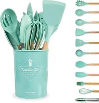 Kit 12 Utensílios de Cozinha Silicone Cabo de Madeira Cor Verde Claro