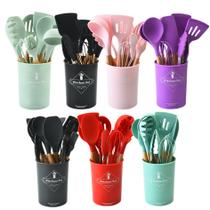 Kit 12 Utensílios de Cozinha Silicone Cabo de Madeira Cores Sortidas