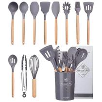 Kit 12 Utensílios de Cozinha Silicone Cabo de Madeira Pegador Espatulas + Balde Goumet