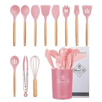 Kit 12 Utensílios de Cozinha Silicone Cabo de Madeira Varias Cores 026A