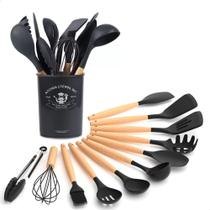 Kit 12 Utensílios de Cozinha Silicone com Cabo de Madeira