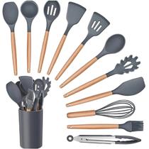 Kit 12 Utensílios de Silicone com Cabo de Madeira Conjunto para Cozinha Antiaderente