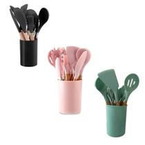 Kit 12 Utensílios de Silicone com Cabo de Madeira para Cozinha Completo - Marblue