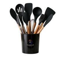 Kit 12 Utensílios De Silicone Cozinha Conjunto Colheres Escumadeira Concha Jogo Utensilio Silicone Bambu Resistente Antiaderente Completo Cozinha