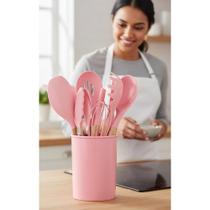 Kit 12 Utensílios Silicone Madeira Rosa Cozinha Antiaderente Kit 12 Utensílios Silicone Madeira Rosa Cozinha Antiaderente