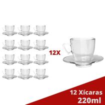 Kit 12 Xícaras Chá 220mL Mesa Posta Transparente C/ Pires