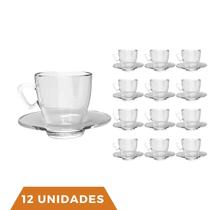 Kit 12 Xícaras Chá e Café C/ Pires Vidro 220mL Transparente