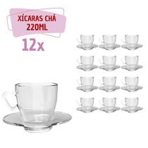 Kit 12 Xícaras Chá Vidro 220mL C/ Pires Moderna Transparente