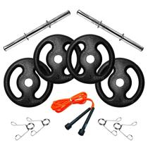 Kit 12Kg em Anilhas de Ferro com Barras 40cm e Corda de Pular Kit 12Kg em Anilhas de Ferro com Barras 40cm e Corda de Pular