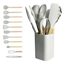 Kit 12pçs Talheres silicone madeira Cinza cozinha