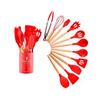Kit 12PCs Utensílios Cozinha Aguenta Altas Temperaturas Madeira Silicone