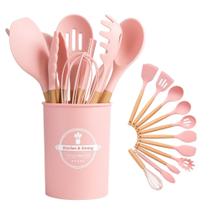 Kit 12PCs Utensílios Cozinha Aguenta Altas Temperaturas Madeira Silicone