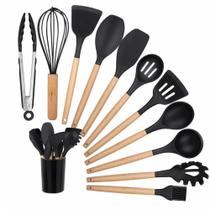 Kit 12PCs Utensílios Cozinha Aguenta Altas Temperaturas Madeira Silicone