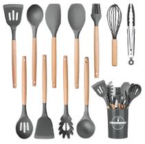 Kit 12PCs Utensílios Cozinha Aguenta Altas Temperaturas Madeira Silicone