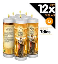 Kit 12x Vela De 7 Dias Oração Religiosa Premium São José - Chama de Ouro
