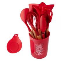 Kit 13 Utensílios de Cozinha Talheres Silicone Cabo Madeira