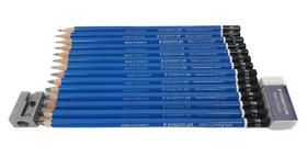Kit 14 Lápis Staedtler Mars Lumograph + Apontador e Borracha