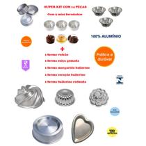 Kit 14 Peças Com 9 Formas Mini Bolos + Forma Suíça Vulcão Margarida Coração e Ballerine Redonda Kit 14 Peças Com 9 Formas Mini Bolos + Forma Suíça Vulcão Margarida Coração e Ballerine Redonda